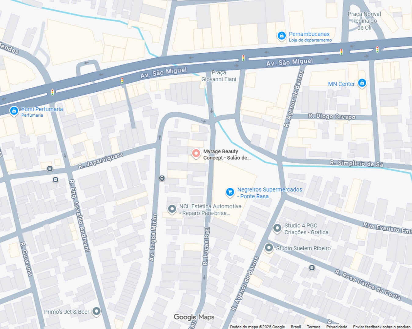 Localização do Myrage Beauty Concept no Google Maps - Rua Lucas Bati, 247, Ponte Rasa, São Paulo